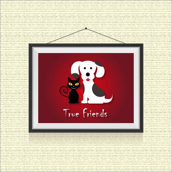 Справжні друзі, дружба собак і кішок - смішна мультиплікаційна картина у фоторамці на пунктирному фоні — стоковий вектор
