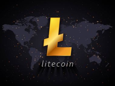 Litecoin para birimi illüstrasyon Dünya Haritası ve yıldızlar arka plan ile yer dayalı