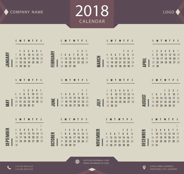 2018 calendário, planejador, organizador e modelo de cronograma para empresas e uso privado — Vetor de Stock