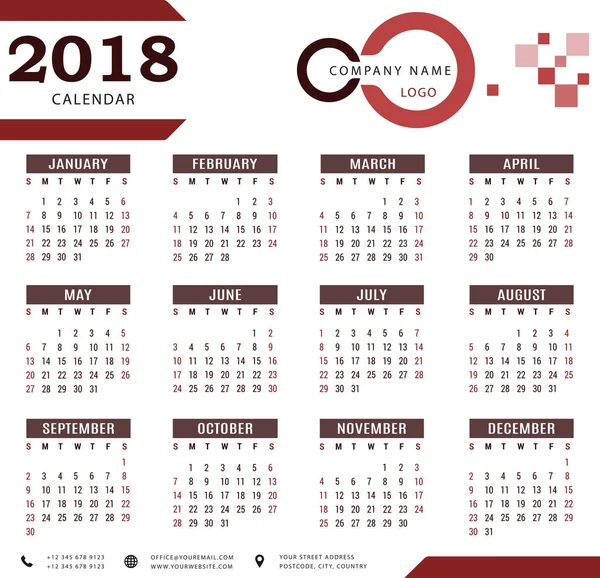 2018 kalendář, Plánovač, organizátor a rozvrh šablony pro firmy a soukromé použití — Stockový vektor