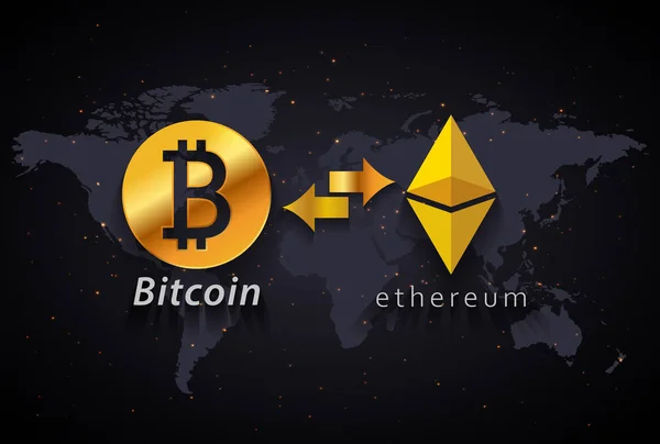Bitcoin aan ethereum valuta exchange infographic sjabloon op wolrd kaart achtergrond — Stockvector