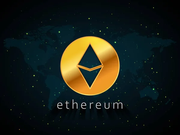 Золоті Ethereum валюті ілюстрація заснована на карту світу і простору з фоном зірочок — стоковий вектор