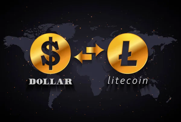 Amerikaanse Dollar aan Litecoin munt uitwisseling infographic sjabloon op wereld kaart achtergrond — Stockvector