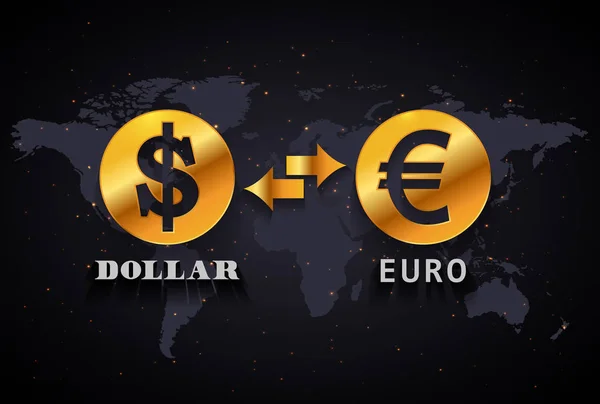 Dólar americano to euro modelo de infográfico de câmbio no fundo do mapa do mundo — Vetor de Stock