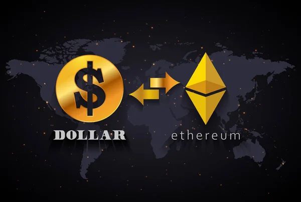 Da Dollaro americano a Ethereum modello infografico di cambio valuta sullo sfondo della mappa del mondo — Vettoriale Stock