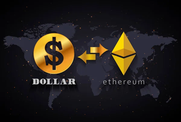 Dollar américain à Ethereum modèle d'infographie de change sur fond de carte du monde — Image vectorielle