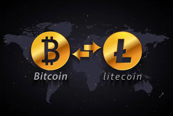 Инфографический шаблон обмена валюты Bitcoin в Litecoin на фоне карты мира — стоковый вектор