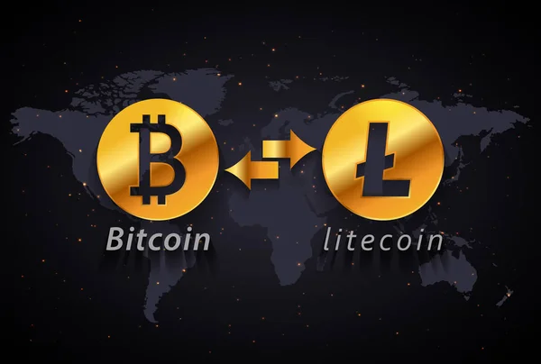 Bitcoin 세계 지도 배경에 Litecoin 통화 교환 infographic 서식 파일 — 스톡 벡터