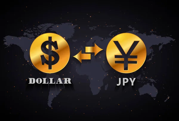 Dollaro americano a Yen Giapponese modello infografico di cambio valuta sullo sfondo della mappa del mondo — Vettoriale Stock