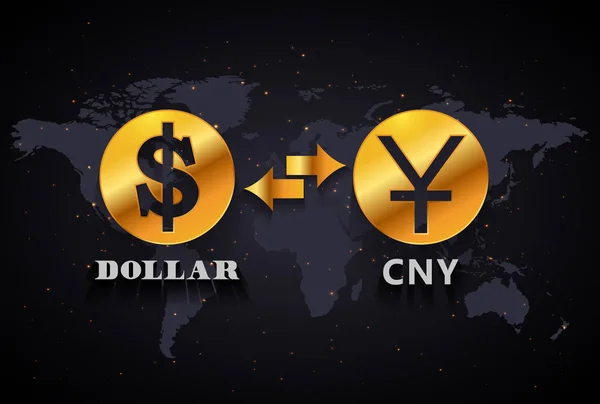 Dólar estadounidense to Yuan chino cambio de divisas plantilla infográfica en el fondo del mapa del mundo — Vector de stock