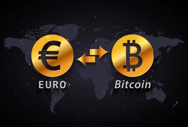 Euro aan Bitcoin munt uitwisseling infographic sjabloon op wereld kaart achtergrond — Stockvector