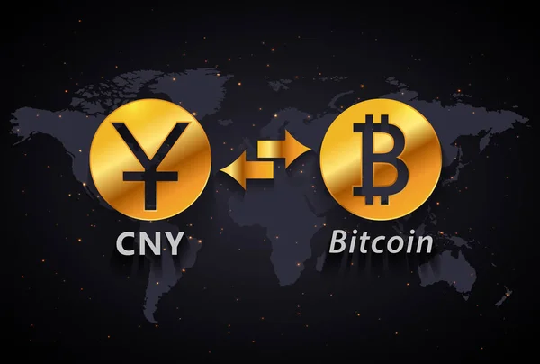 Chinese Yuan Bitcoin valuta wisselen infographic sjabloon op wereld kaart achtergrond — Stockvector