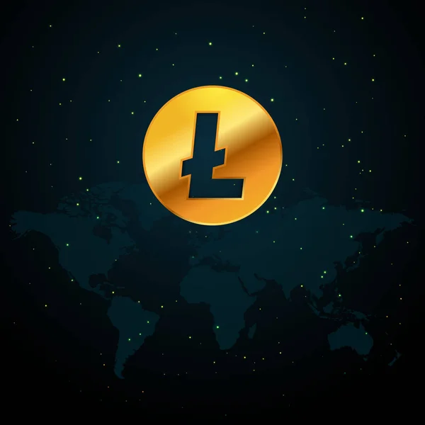 Illustration de la monnaie Litecoin d'or basée sur la carte du monde et l'espace avec fond étoilé — Image vectorielle