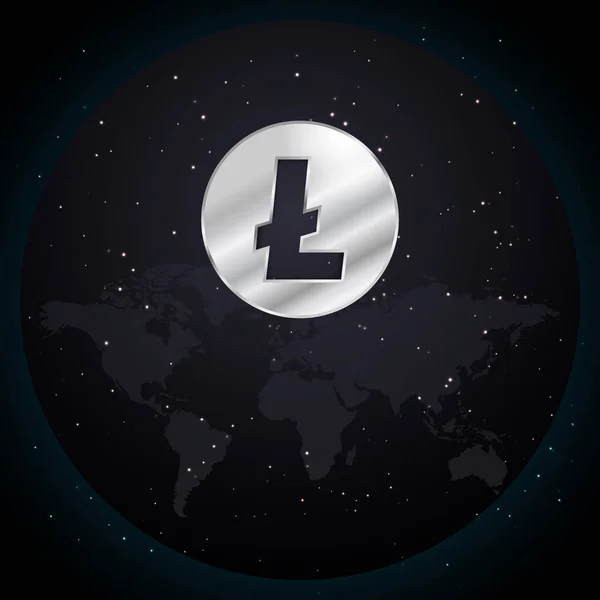 Иллюстрация серебряной монеты Litecoin на основе карты мира и пространства со звездами на фоне — стоковый вектор