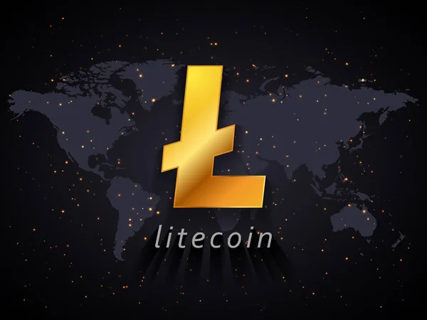 Золоті Litecoin валюті ілюстрація заснована на карту світу і простору з фоном зірочок — стоковий вектор