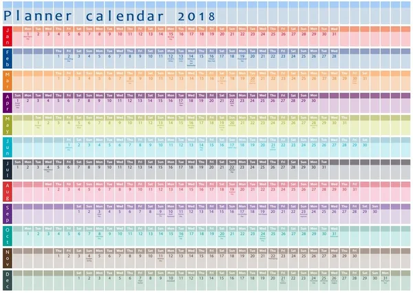 Kalendář planner 2018, organizátor a plán s dny dovolené zaúčtována uvnitř — Stockový vektor