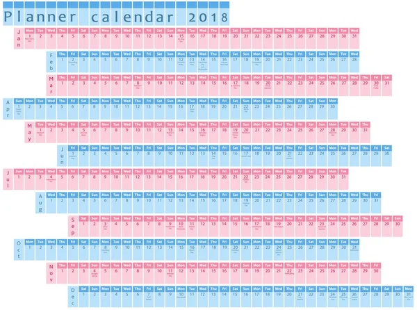 2018 Planner calendar, organizer and schedule with holiday days posted inside — Stock Vector