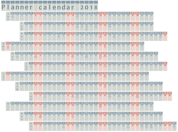 Календарь планировщика 2018 года, организатор и расписание с праздничными днями — стоковый вектор