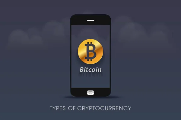 Tipos Criptomoeda Bitcoin Telefone Celular Com Base Design Nuvem —  Vetores de Stock