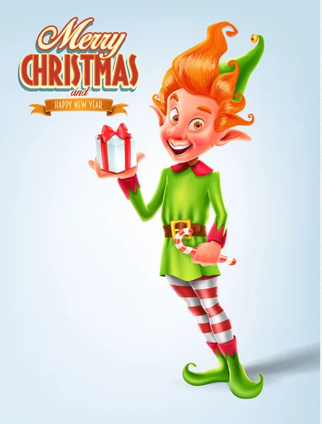 Bunte Elfe mit Geschenkbox-Poster — Stockvektor
