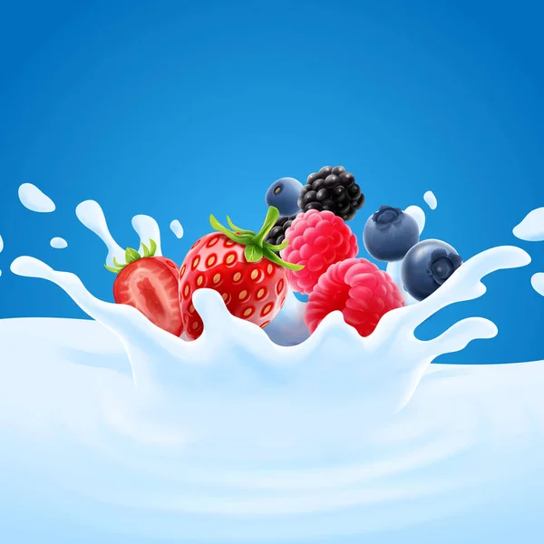 Las bayas frescas en la leche sobre azul — Vector de stock