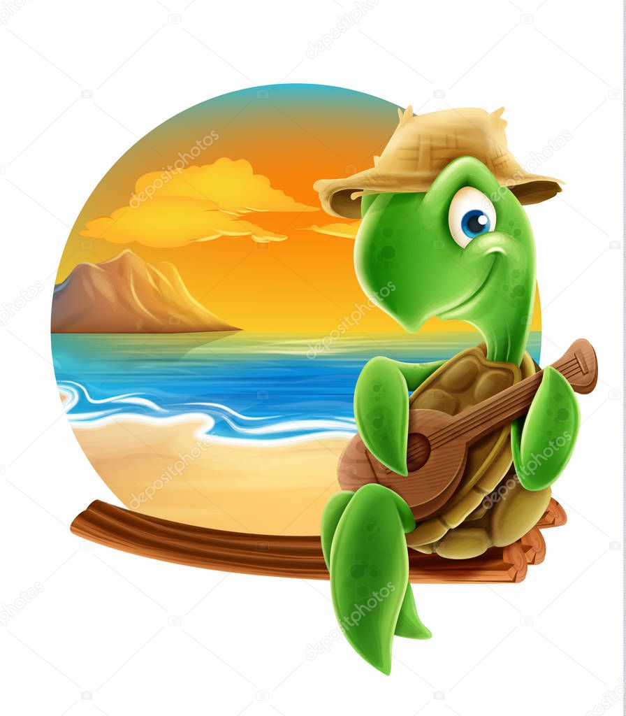 turtle on the beach holdinfg guitar