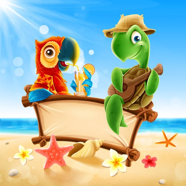 Tartaruga e papagaio na praia —  Vetores de Stock
