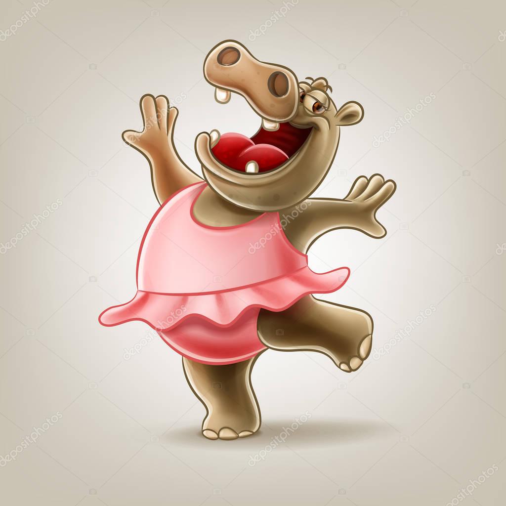 Hippo girl in dress dancing, vector illustration