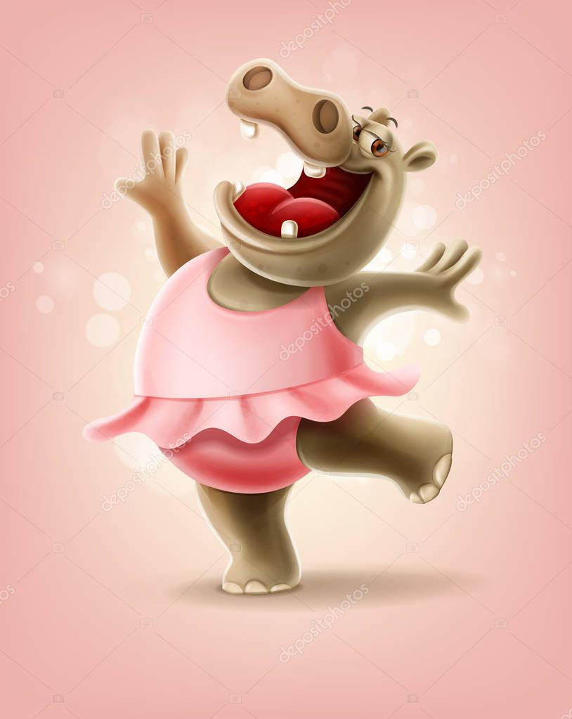 Hippo girl in dress dancing, vector illustration