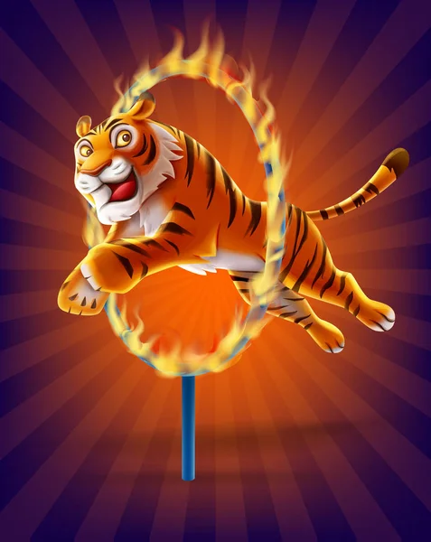 Cartoon tiger Jumping through ring of fire