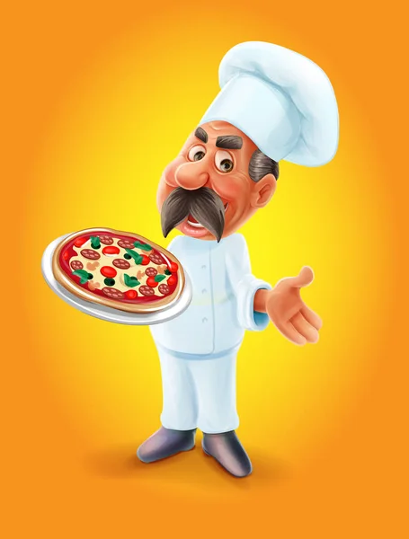 Pizza Kock Illustration Orange Bakgrund — Stock vektor