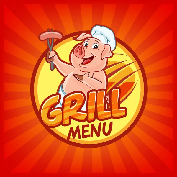 Affiche Menu Grill Avec Cochon Dessin Animé — Image vectorielle