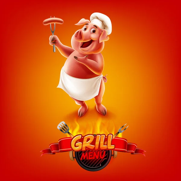 Porco Chef Bbq Menu Cartaz Modelo — Vetor de Stock