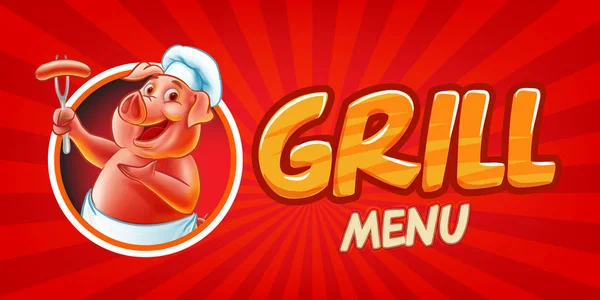 Grill Menu Banner Cartoon Pig — Stock Vector
