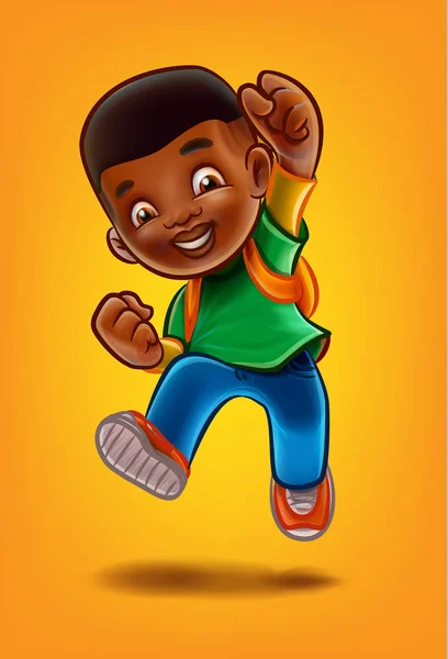 Vektor Illustration Utformningen Cartoon Happy Afrikansk Pojke Med Ryggsäck Gul — Stock vektor