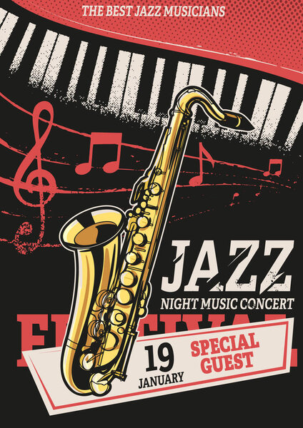 Vector poster for a live jazz music festival or concert with a decorative abstract guitar and inscriptions. Suitable for flyer, invitation, banner, cover, advertising. Good old jazz, music collection