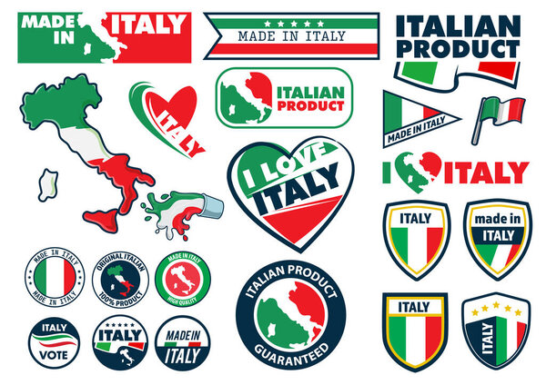 Набор итальянских товаров, английское название Made in Italy, I love Italy, итальянский продукт премиум-качества стикеры и сизолы, простая векторная иллюстрация на белом фоне
