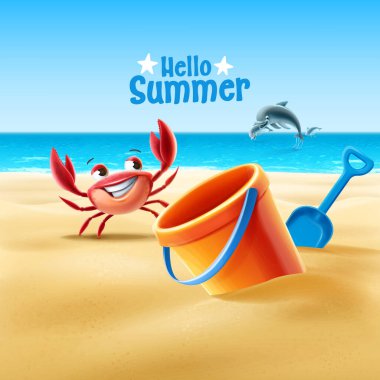 Merhaba yaz posteri, kumsalda sevimli yengeç ve kürekle
