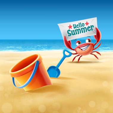 Merhaba yaz posteri, kumsalda sevimli yengeç ve kürekle