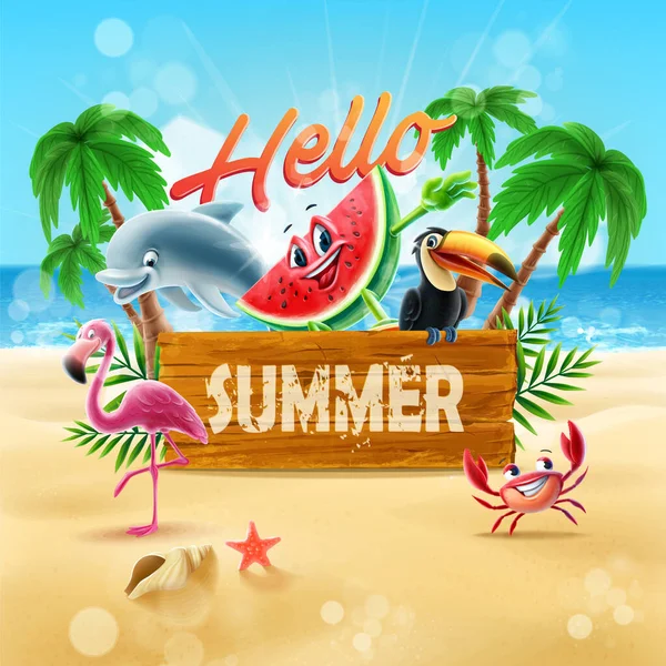Ahoj Letní Plakát Roztomilými Postavami Pláži — Stockový vektor