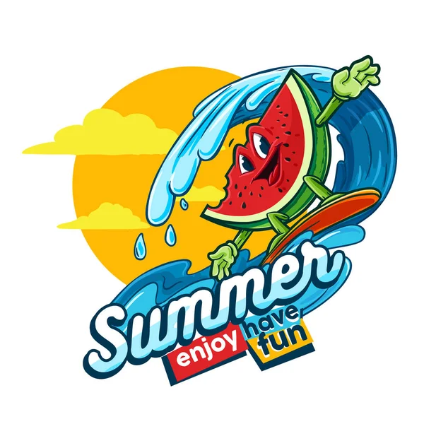 Surfování Meloun Charakter Letní Zábava Cocept — Stockový vektor