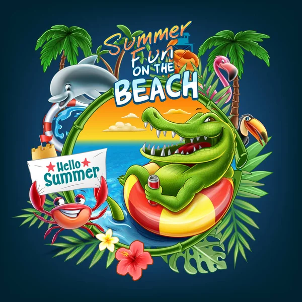 Веселий Літній Плакат Милими Персонажами Пляжі — стоковий вектор