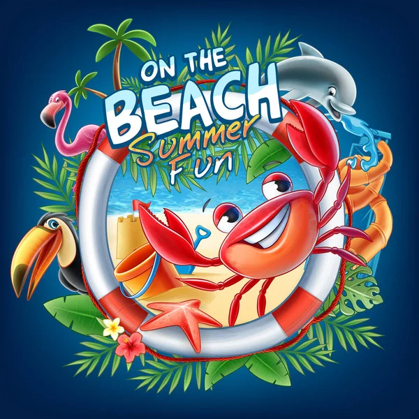 Summer Beach Card Cute Characters — Stock Vector