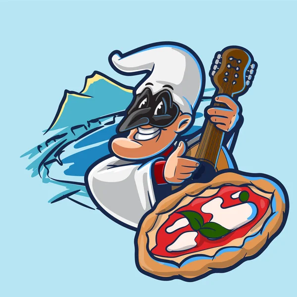 戴面具 戴着意大利披萨的男人 可爱的徽章 — 图库矢量图片