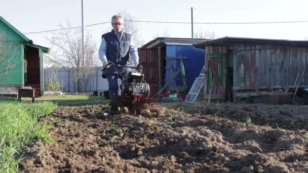 Un vieil homme vêtu d'un gilet bleu détache le sol avec un cultivateur . — Video