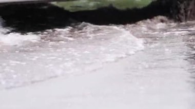 Bir araba tekerleği yavaşça su birikintisinin içinden geçiyor.. 