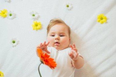 Güzel bebek beyaz çarşaflarda uzanmış bir çiçeğe uzanıyor.. 