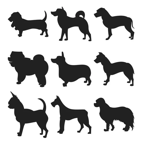 Kutya sziluettek. EPS 8 vector, csoportosítva, a könnyű szerkeszthetőség. Nincs nyitott alakzatok vagy görbék. tenyészt, állat, séta, kisállat ülő logó inspiráció. Térkép, a verseny, a készlet, a útmutató — Stock Vector
