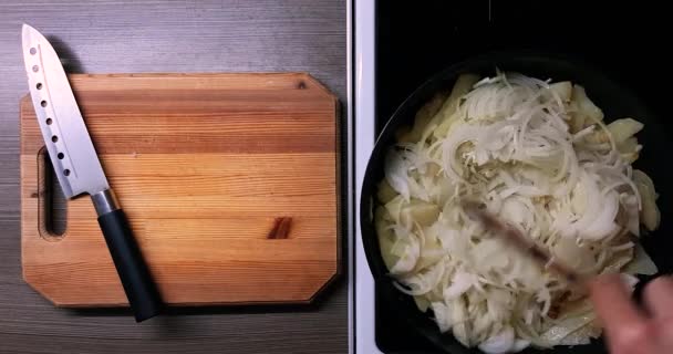 Steker Potatis Och Lök Djup Kastrull Ovanifrån — Stockvideo