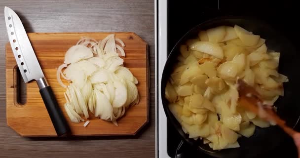 Fritar Batatas Cebolas Uma Panela Profunda Vista Superior — Vídeo de Stock